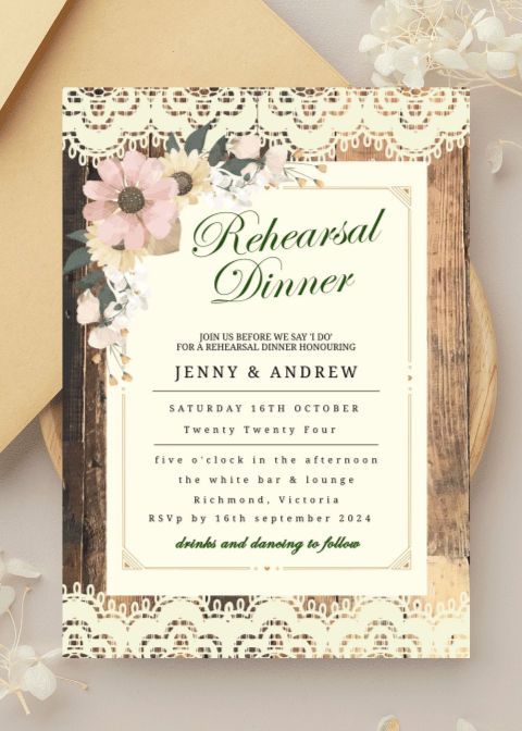 Rustic Romance Wedding Rehearsal Dinner Invitation Card